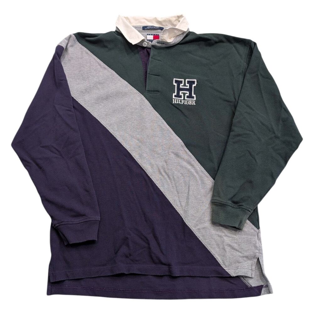 90s Tommy Hilfiger Textured Block Colored Long Sleeve Polo Shirt